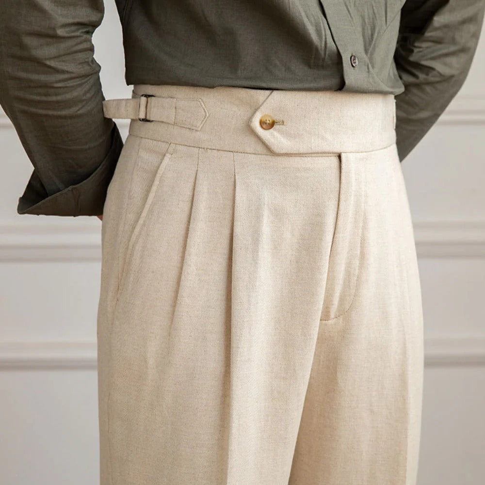 Men’s Linen Pleated Trousers with Side Strap