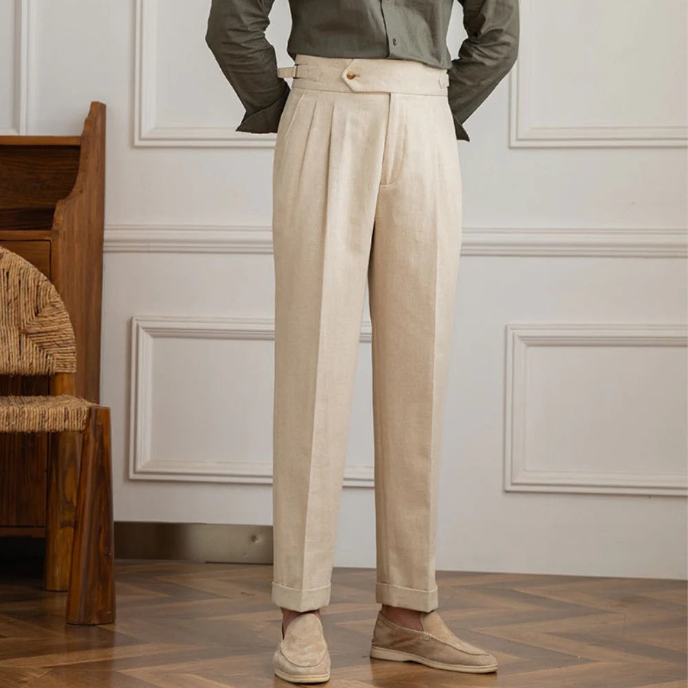Men’s Linen Pleated Trousers with Side Strap