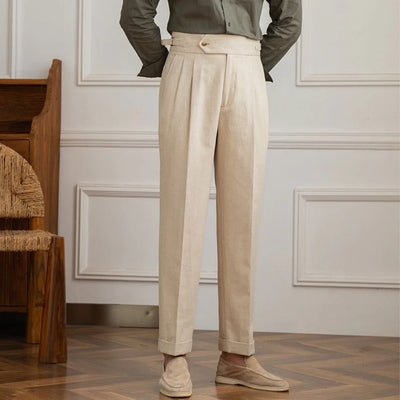Men’s Linen Pleated Trousers with Side Strap