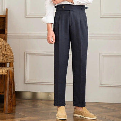 Men’s Linen Pleated Trousers with Side Strap