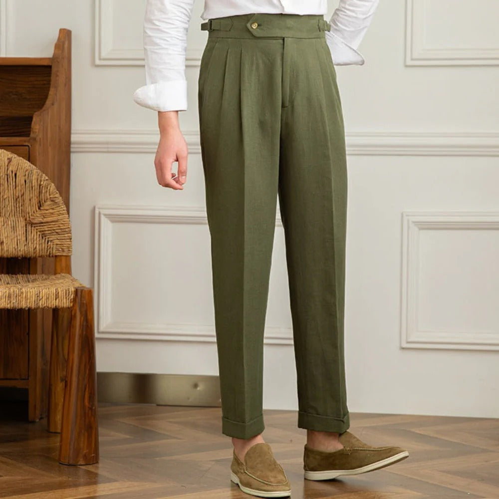 Men’s Linen Pleated Trousers with Side Strap