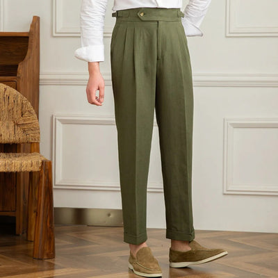 Men’s Linen Pleated Trousers with Side Strap